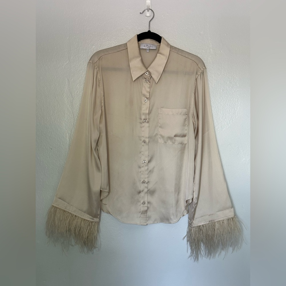 L'Academie Ivory The Michelle Blouse with Feather Cuffs
